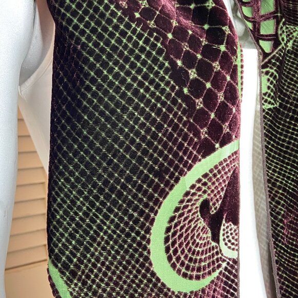 Dana Herbert Dark Purple Green Flocked Velvet Geometric Baroque Print Scarf 60" - Picture 3 of 12